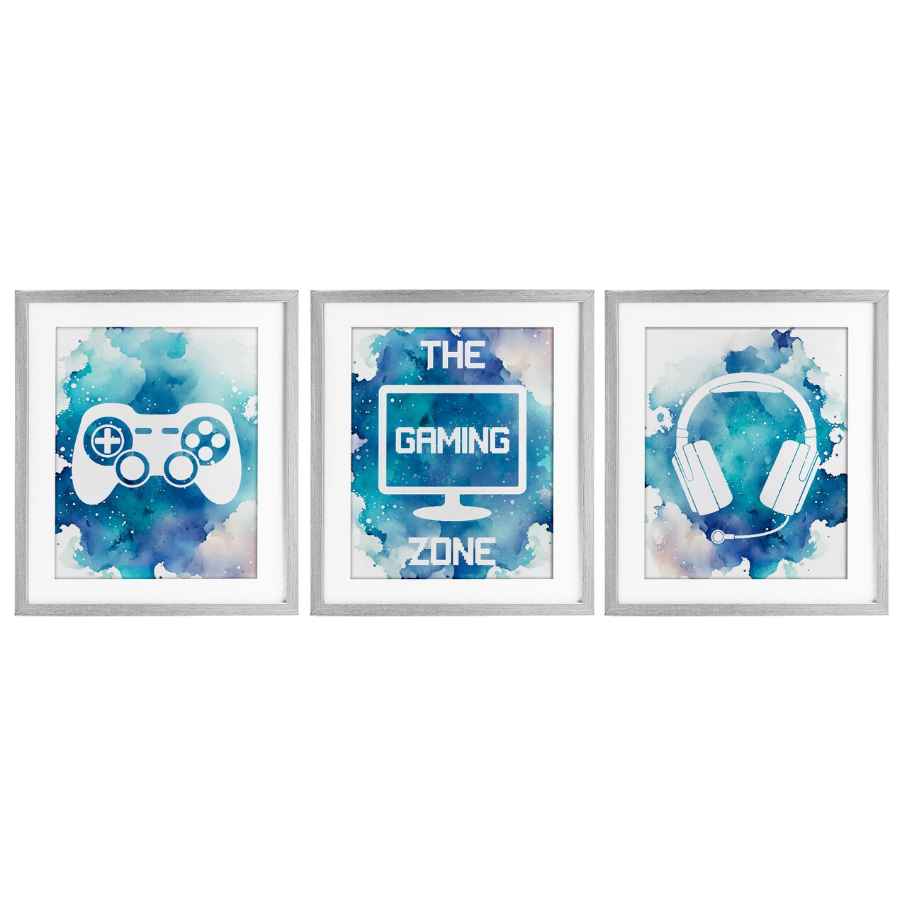 Stupell Industries Blue Gamer Splatters 3pc Framed Print Under Glass Set, design by Marcus Prime